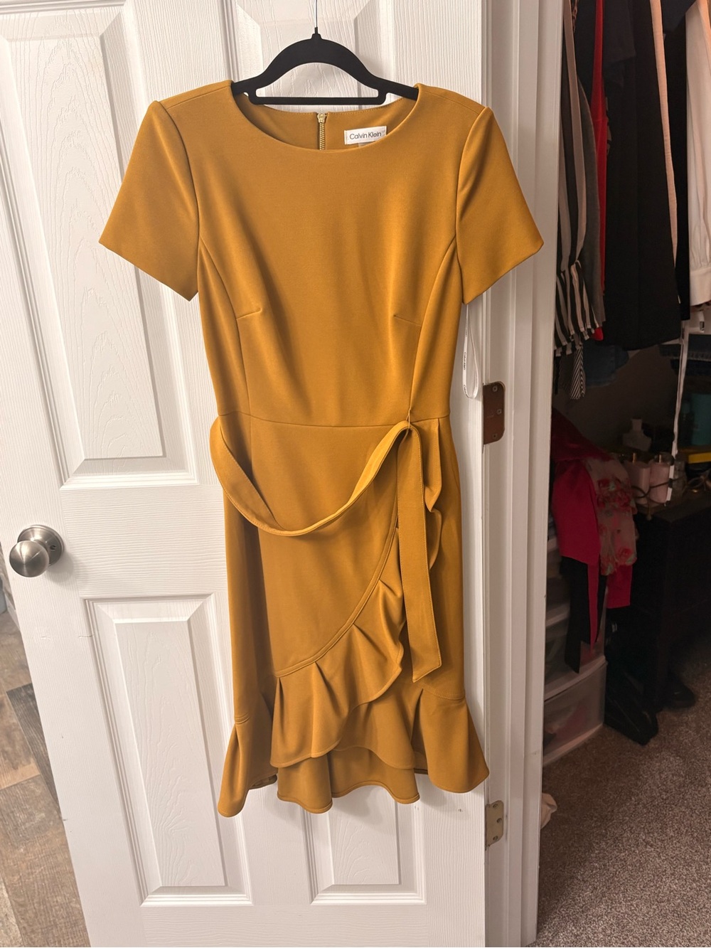 Calvin Klein Mustard Ruffle-Trim Midi Dress